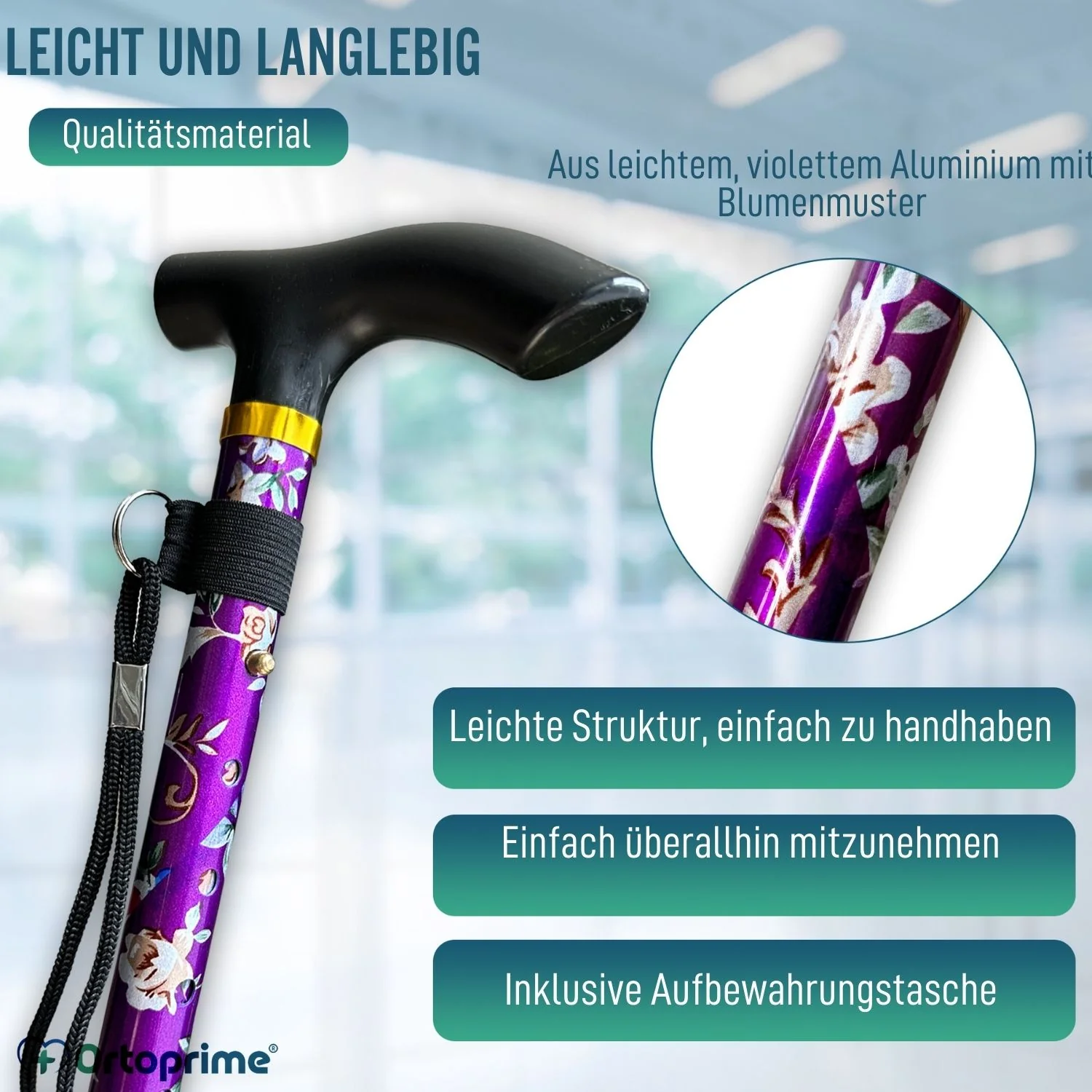 Ausziehbarer Gehstock mit 5 Positionen | Blumenmuster - Image 3