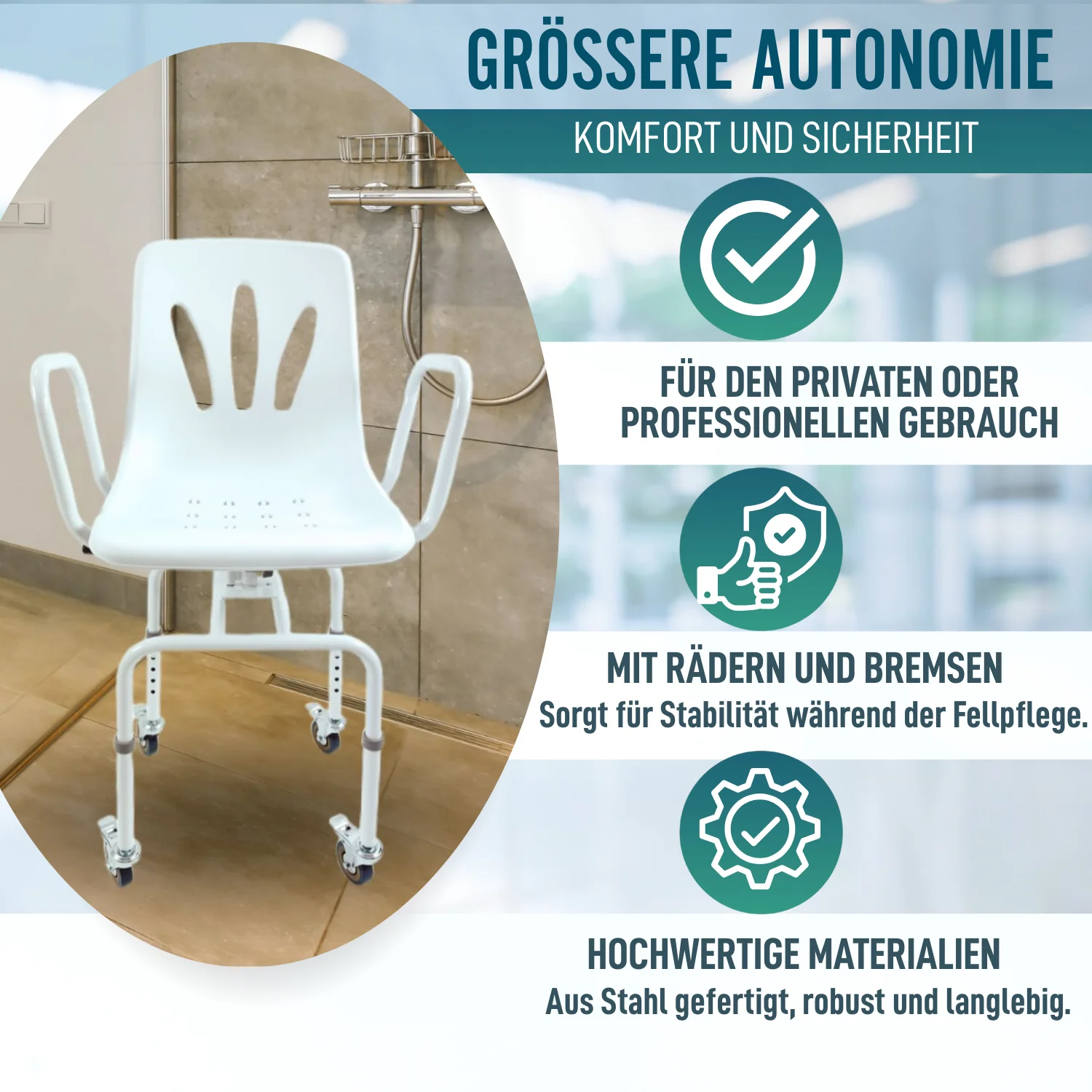 Drehbarer Duschstuhl mit Rädern | Badezimmerstuhl für Erwachsene - Image 3