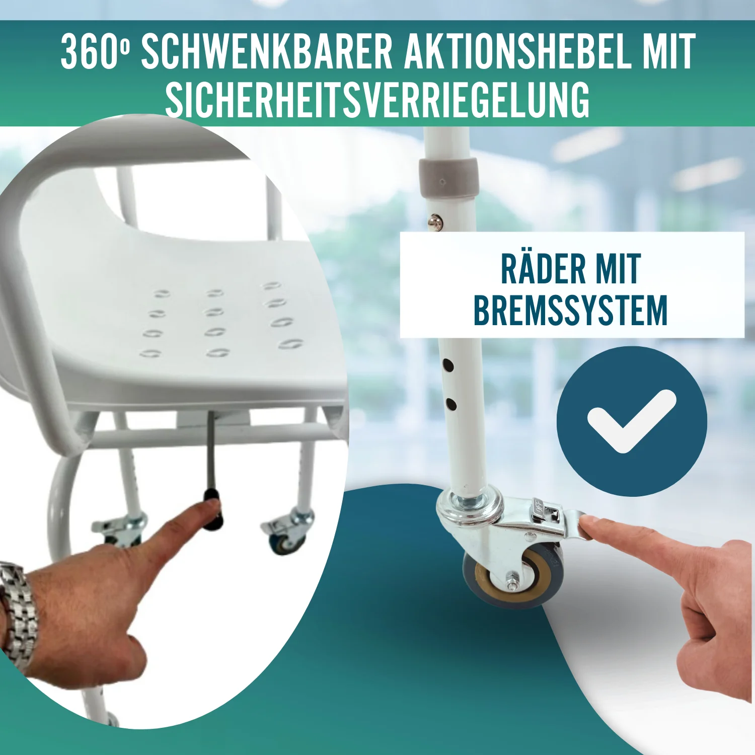 Drehbarer Duschstuhl mit Rädern | Badezimmerstuhl für Erwachsene - Image 6
