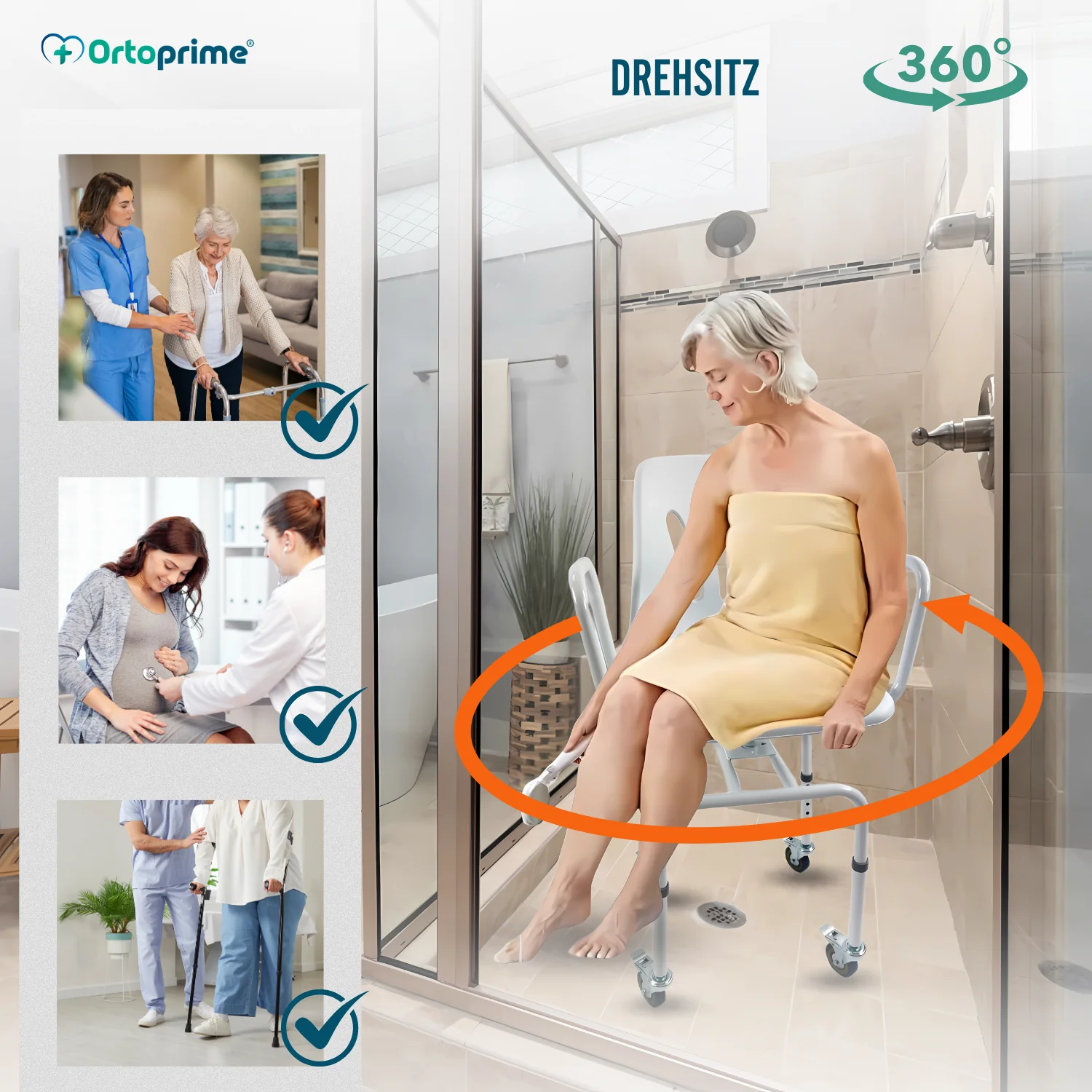 Drehbarer Duschstuhl mit Rädern | Badezimmerstuhl für Erwachsene - Image 7