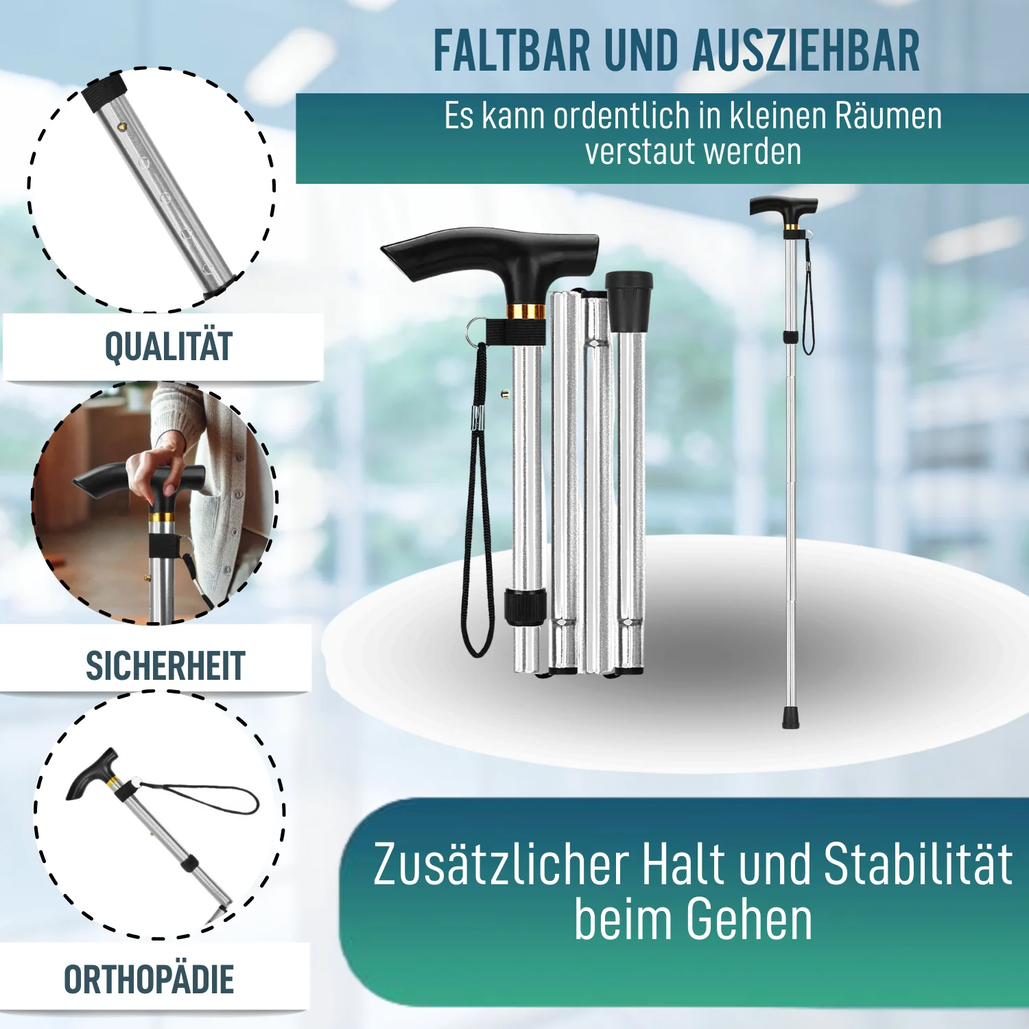 Orthopädischer Gehstock zum Gehen Verlängerbar | Silber - Image 2