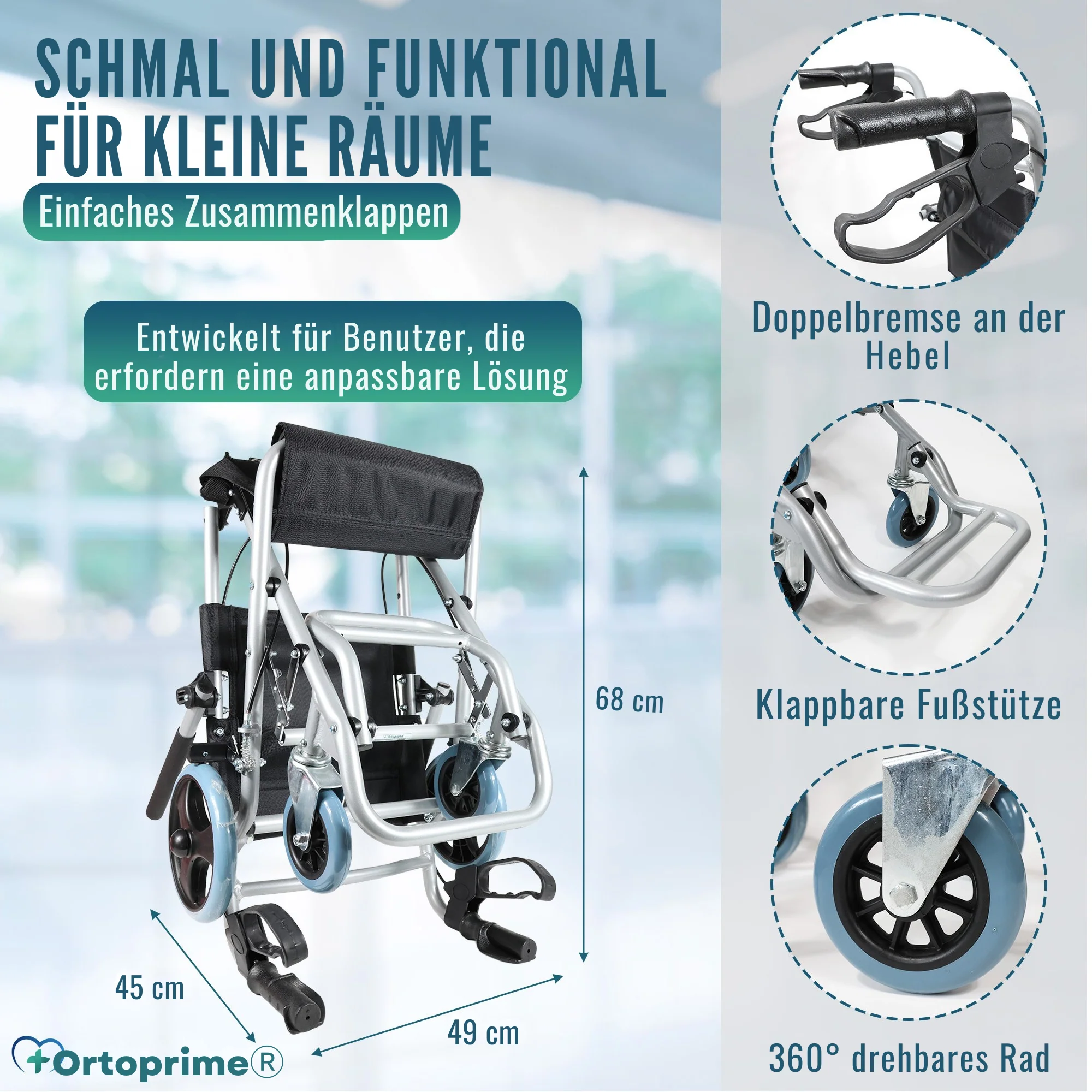 Schmaler Transportrollstuhl Klappbar Aluminium | Handbremsen - Image 3