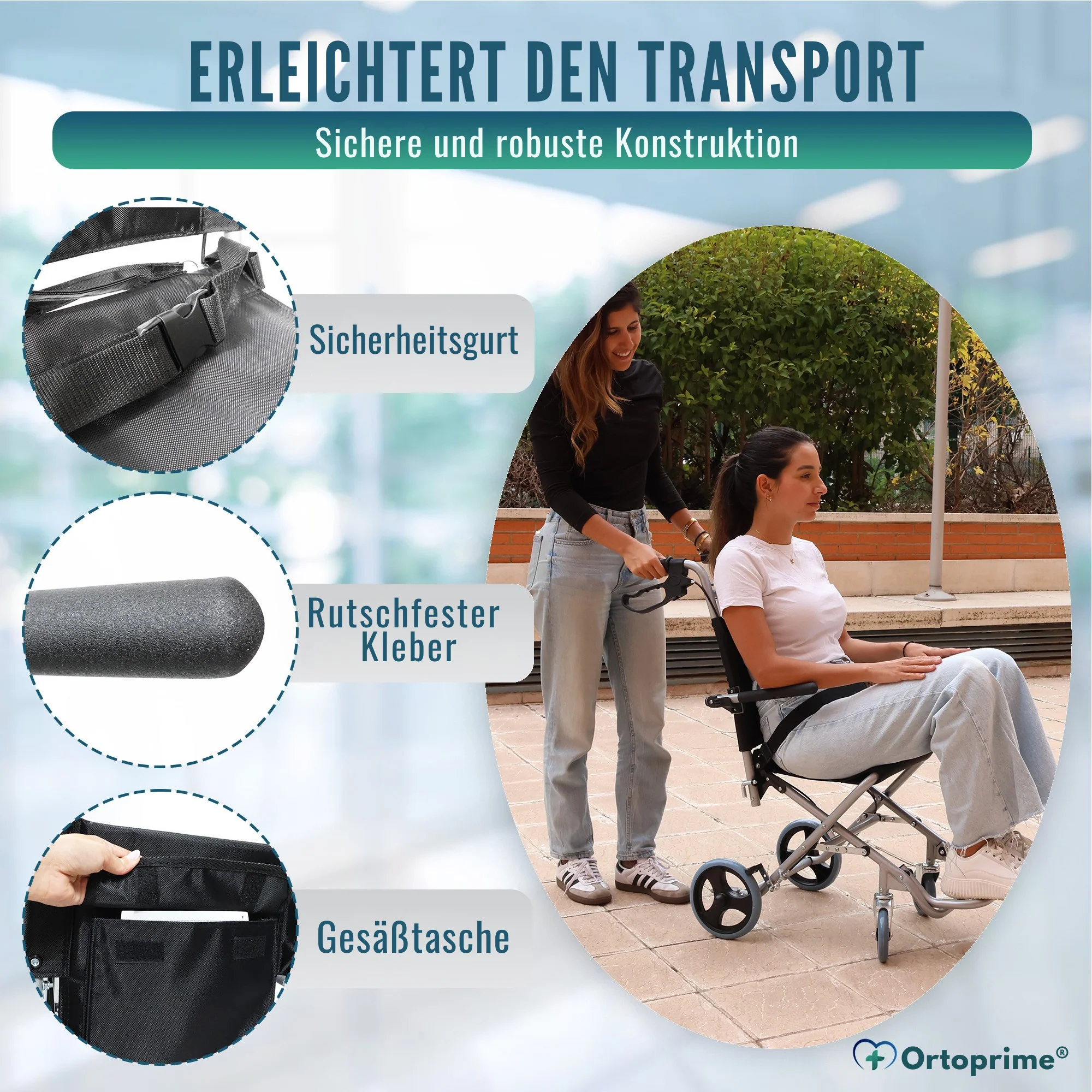 Schmaler Transportrollstuhl Klappbar Aluminium | Handbremsen - Image 5
