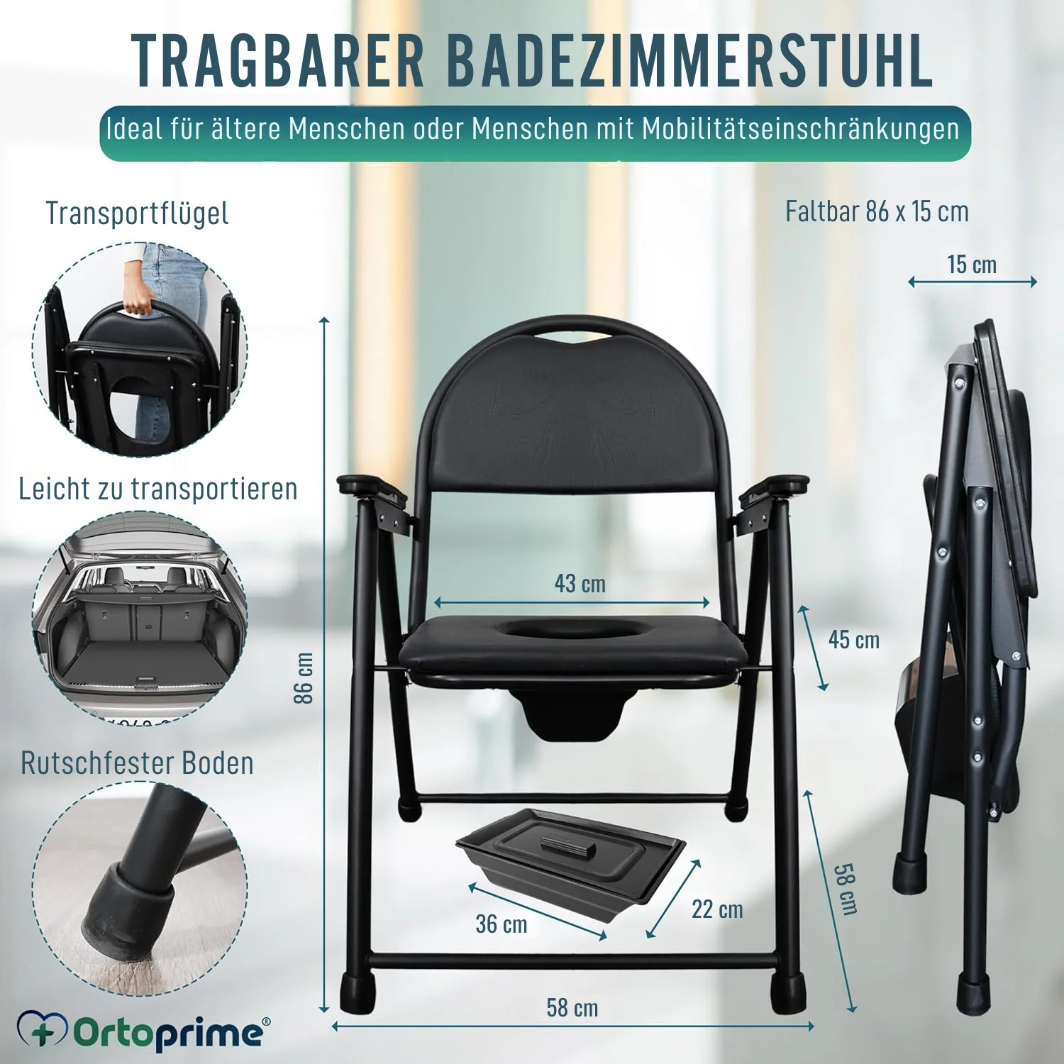 Klappbarer WC-Stuhl für Senioren | Tragbarer Toilettenstuhl - Image 6