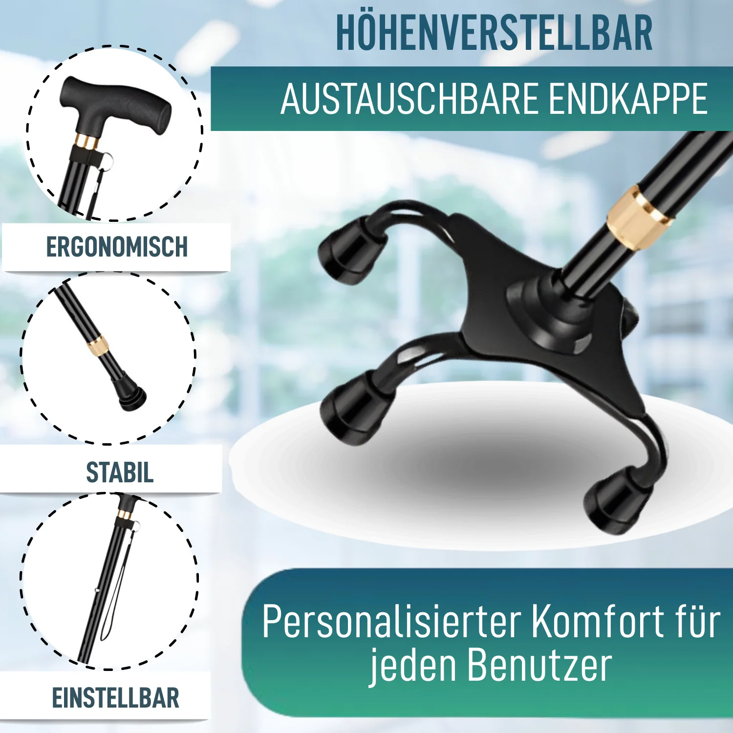 Verstellbarer 4-Bein Gehstock | Mit Umwandelbarem Fuß - Image 3